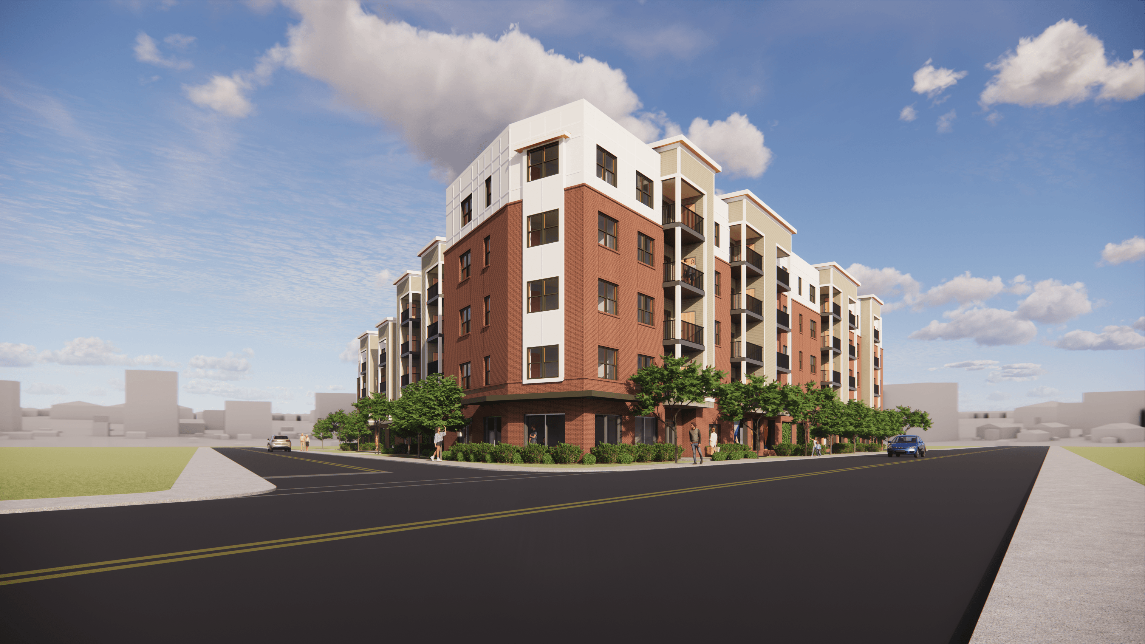 a rendering of an apartment building on a city street